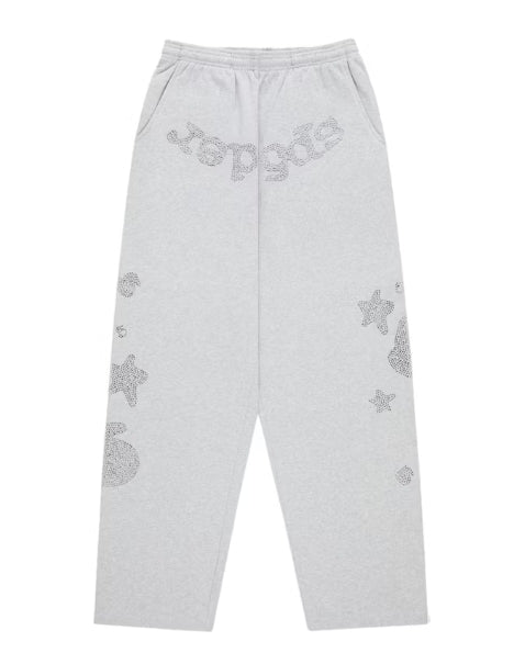 Sp5der Rhinestone Beluga V2 Wide Leg Sweatpants Heather Grey
