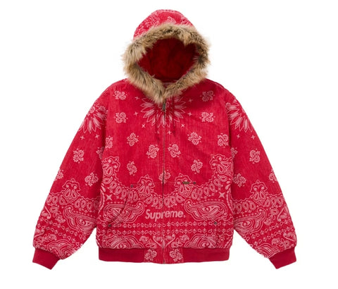 Supreme Bandana Jacquard Denim Hooded Work Jacket Red
