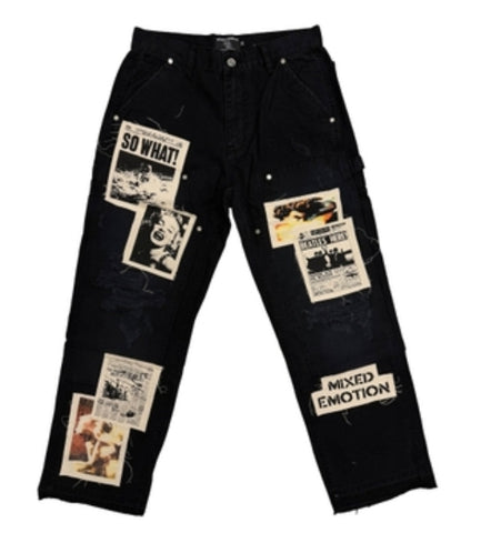 Mixed Emotion Black Newspaper Carpenter Pants