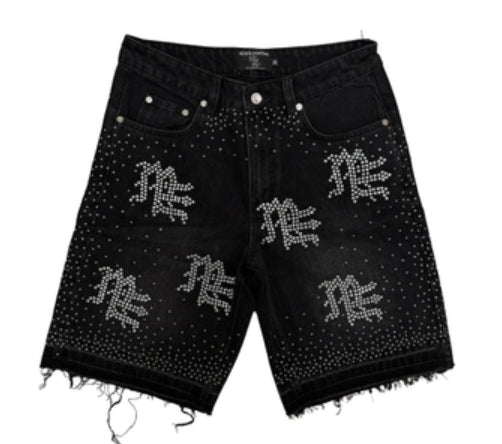 Mixed Emotion Black ME Rhinestone Denim Shorts
