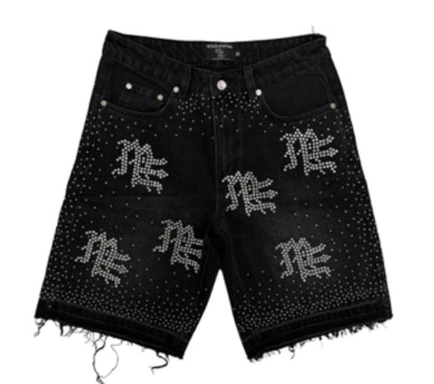 Mixed Emotion Black ME Rhinestone Denim Shorts