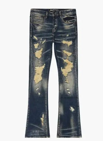 Valabassas Team Aztech Stacked Flare Vintage Dark Blue Jeans