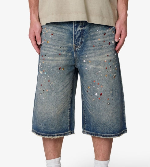 MNML Ultra Baggy Crystal Denim Shorts