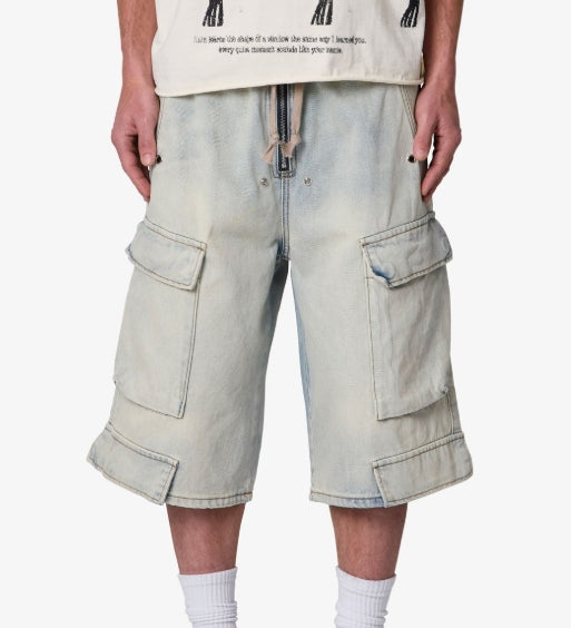 MNML Rave Cargo Denim Shorts Vintage Blue