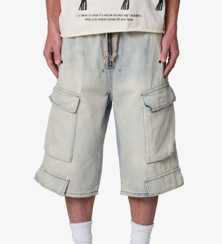 MNML Rave Cargo Denim Shorts Vintage Blue