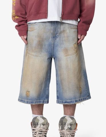 MNML Ultra Baggy Dirty Denim Shorts Washed Blue