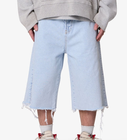 MNML Ultra Baggy Cut Off Denim Shorts Light Blue